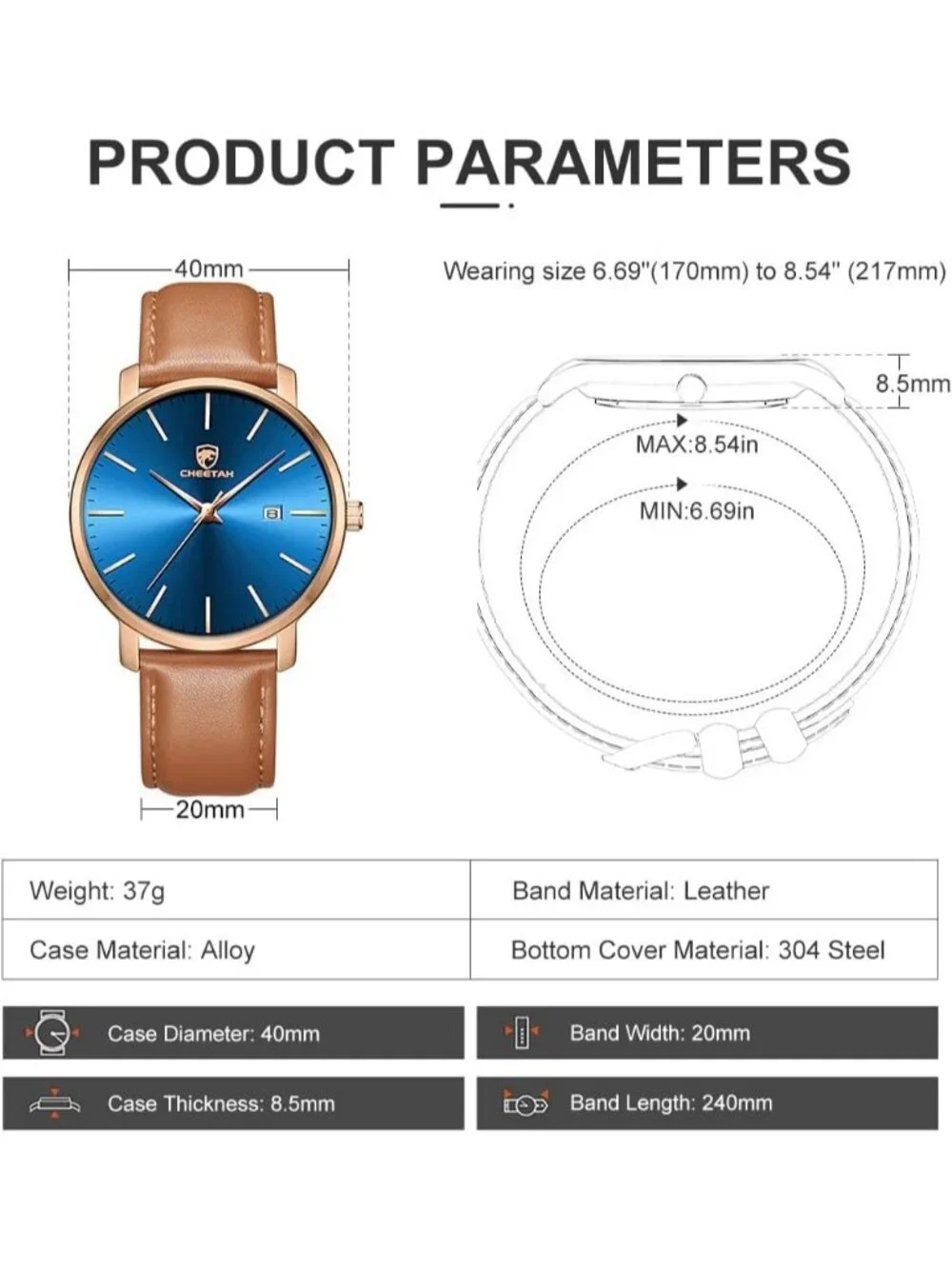 Men's Brown/Rose Gold/Blue Leather Strap Minimalist Waterproof Quartz Wristwatch